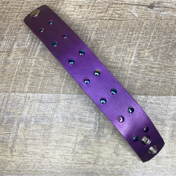Deep purple painted leather bracelet handmade jewelry with rainbow rivets 1.25” - Picture 8 of 9